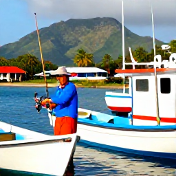 Caribbean Holidays, Montserrat Fishing June, Friendly local fishing guide preparing rods and tackle beside a boat at a colourful Montserrat harbour