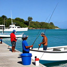 Caribbean Holidays, Montserrat Fishing, Local anglers preparing rods and tackle beside a boat at a friendly Montserrat harbour in November