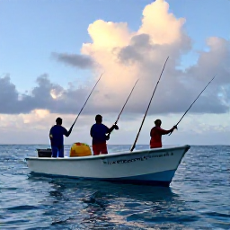 Caribbean Holidays, Montserrat Fishing May, Anglers fishing from a charter boat off Montserrat at sunrise, with rods ready and deep blue Caribbean water around them
