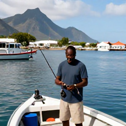 Caribbean Holidays, Montserrat Fishing May, Friendly local fishing guide preparing rods and tackle on a boat in a harbour on Montserrat