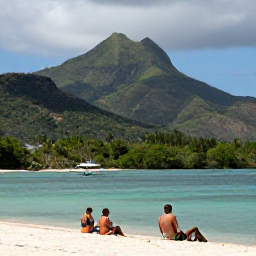 Caribbean Holidays, Montserrat Fishing May, Travellers relaxing beside the sea on Montserrat after a fishing trip, with tropical hills and a quiet Caribbean shoreline