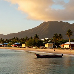 Caribbean Holidays, Montserrat Fishing, Peaceful Montserrat coastline with a fishing village, palm trees and golden late-afternoon light in December
