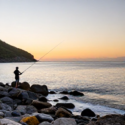Caribbean Holidays, Montserrat Fishing, Quiet rocky shoreline on Montserrat at sunrise, with a visitor fishing from a safe coastal viewpoint
