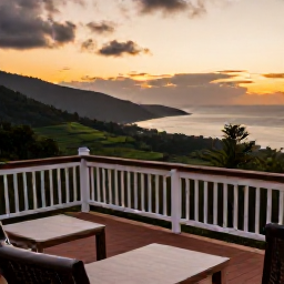 Caribbean Holidays, Montserrat Holidays, A comfortable small hotel terrace in Montserrat at sunset, overlooking green hills and the Caribbean Sea