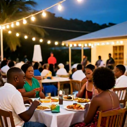 Caribbean Holidays, Montserrat Holidays, A friendly evening scene in Montserrat with local food, live music, warm lights and visitors dining outdoors