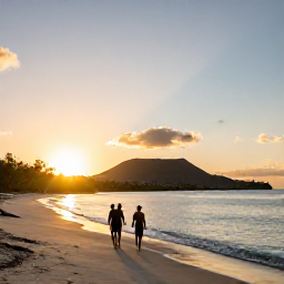 Caribbean Holidays, Montserrat Holidays, A peaceful Montserrat beach at sunset in May, with a couple walking near the water and volcanic hills in the distance