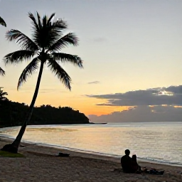 Caribbean Holidays, Montserrat Holidays, A peaceful Montserrat beach at sunset with calm Caribbean water, palm trees and a few relaxed holidaymakers