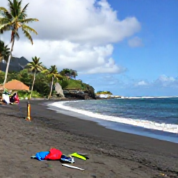 Caribbean Holidays, Montserrat Holidays, A quiet black-sand beach on Montserrat with palm trees, gentle waves, snorkelling equipment and a couple relaxing by the shore