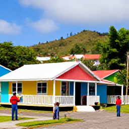 Caribbean Holidays, Montserrat Holidays, Friendly Montserrat village scene with colourful Caribbean homes, local food, live music and visitors meeting residents
