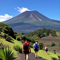 Caribbean Holidays, Montserrat Holidays, Hikers exploring the lush slopes of Soufriere Hills volcano in Montserrat, with tropical vegetation and dramatic volcanic scenery