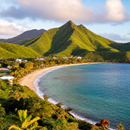 Caribbean Holidays, Montserrat Holidays, Panoramic coastal view of Montserrat, emerald volcanic hills, turquoise Caribbean Sea and quiet shoreline under warm sunlight