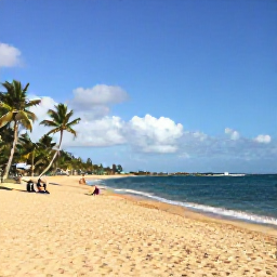 Caribbean Holidays, Montserrat Holidays, Quiet golden beach on Montserrat with calm Caribbean water, palm trees and a few relaxed visitors enjoying the shoreline