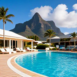 Caribbean Holidays, Montserrat Holidays, Traveller relaxing beside a Caribbean resort pool in Montserrat, with palm trees, bright sunshine and volcanic hills in the background