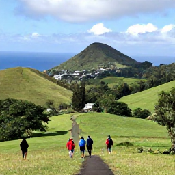 Caribbean Holidays, Montserrat Holidays, Visitors walking through Montserrat's green countryside near volcanic hills with a view towards the Caribbean Sea