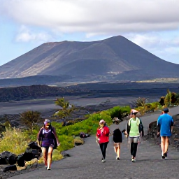 Caribbean Holidays, Montserrat Holidays, Visitors walking through the volcanic landscape of Montserrat near Soufri&egrave;re Hills, with green vegetation, black volcanic earth and distant views