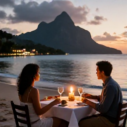 Caribbean Holidays, Montserrat Honeymoon, Candlelit dinner for two at a small seaside restaurant in Montserrat, warm evening atmosphere and Caribbean coastline