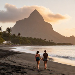 Caribbean Holidays, Montserrat Honeymoon, Couple walking hand in hand along a quiet black sand beach in Montserrat at sunset, Caribbean island scenery