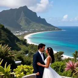 Caribbean Holidays, Montserrat Honeymoon, Happy newlywed couple overlooking Montserrat's coastline from a scenic viewpoint, tropical greenery and Caribbean sea
