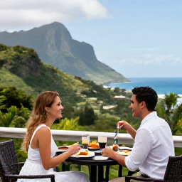 Caribbean Holidays, Montserrat Honeymoon, Romantic couple enjoying breakfast on a terrace overlooking lush Montserrat hills and the Caribbean Sea