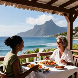 Caribbean Holidays, Montserrat Honeymoons, A couple sharing a quiet meal of fresh Caribbean seafood on a shaded terrace overlooking the sea in Montserrat
