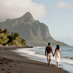 Caribbean Holidays, Montserrat Honeymoons, A newlywed couple walking hand in hand along a quiet black-sand beach on Montserrat in warm May sunshine