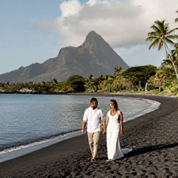 Caribbean Holidays, Montserrat Honeymoons, A newlywed couple walking hand in hand along a quiet black volcanic sand beach in Montserrat, Caribbean, with calm sea and tropical greenery