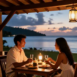 Caribbean Holidays, Montserrat Honeymoons, Couple dining outdoors at a small Montserrat restaurant at sunset, local Caribbean food, lanterns and ocean view