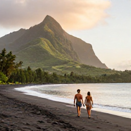 Caribbean Holidays, Montserrat Honeymoons, Couple walking hand in hand along a quiet black-sand beach in Montserrat at golden hour, Caribbean sea and green hills in the background