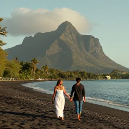 Caribbean Holidays, Montserrat Honeymoons, Couple walking hand in hand along a quiet black-sand beach on Montserrat in warm April sunshine, Caribbean scenery