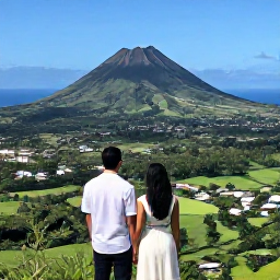Caribbean Holidays, Montserrat Honeymoons, Happy honeymoon couple enjoying a scenic overlook of Montserrat, lush green landscape, volcanic peak and brilliant Caribbean sea under clear skies