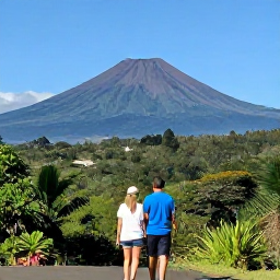 Caribbean Holidays, Montserrat Honeymoons, Honeymoon couple exploring Montserrat volcanic landscape with Soufri&egrave;re Hills in the distance, lush forest and clear April sky