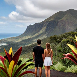 Caribbean Holidays, Montserrat Honeymoons, Newlywed couple hiking through lush Montserrat rainforest towards a viewpoint, with tropical plants, dramatic volcanic slopes and ocean views