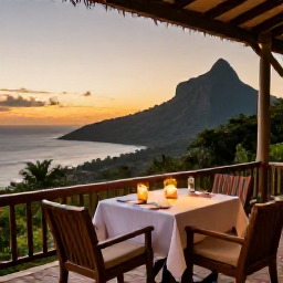 Caribbean Holidays, Montserrat Honeymoons, Peaceful tropical hillside hotel terrace in Montserrat at sunset, overlooking the Caribbean Sea, with a table set for two