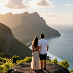 Caribbean Holidays, Montserrat Honeymoons, Romantic couple overlooking Montserrat coastline from a scenic viewpoint in April, green hills, blue sea and warm morning light