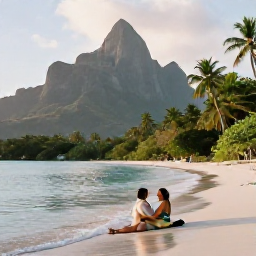 Caribbean Holidays, Montserrat Honeymoons, Romantic couple relaxing on a secluded Montserrat beach beside calm turquoise water, tropical greenery and soft afternoon light