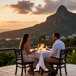 Caribbean Holidays, Montserrat Honeymoons, Romantic outdoor dinner for two on a Montserrat terrace, with Caribbean sunset, candlelit table and distant green hills