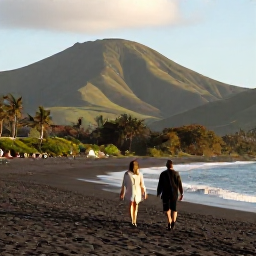 Caribbean Holidays, Montserrat in April, A couple walking along a quiet black-sand beach on Montserrat in warm April sunshine, with green volcanic hills in the background