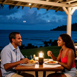 Caribbean Holidays, Montserrat in April, A relaxed couple dining outdoors at a small Montserrat restaurant, enjoying Caribbean food in the evening