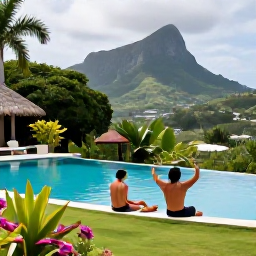 Caribbean Holidays, Montserrat in April, Couple relaxing beside a small infinity pool at a peaceful Montserrat hotel, tropical garden and Caribbean hills beyond