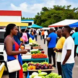 Caribbean Holidays, Montserrat in April, Friendly Montserrat market with local crafts, fresh produce, island food and visitors chatting with vendors