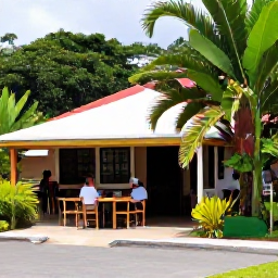 Caribbean Holidays, Montserrat in April, Friendly outdoor caf&eacute; in a small Montserrat village, with local food, tropical plants and relaxed visitors enjoying an April afternoon