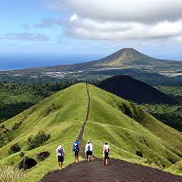 Caribbean Holidays, Montserrat in April, Hikers exploring a green mountain trail in Montserrat, with volcanic slopes, tropical vegetation and distant Caribbean sea views