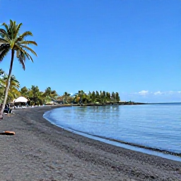 Caribbean Holidays, Montserrat in April, Peaceful black volcanic sand beach on Montserrat with calm Caribbean water, palm trees and a small group of visitors