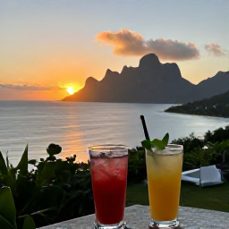Caribbean Holidays, Montserrat in April, Romantic sunset over the Caribbean Sea from a quiet Montserrat viewpoint, with two drinks in the foreground