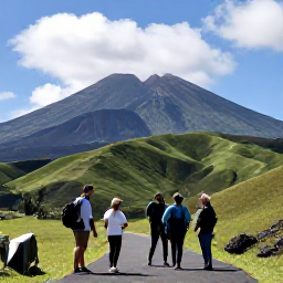 Caribbean Holidays, Montserrat in April, Visitors exploring a Montserrat heritage site with green volcanic hills and the Soufriere Hills volcano in the background