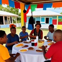 Caribbean Holidays, Montserrat in December, A cheerful Montserrat Christmas gathering with families enjoying local food, music and colourful Caribbean decorations in a village setting