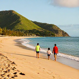 Caribbean Holidays, Montserrat in December, A family walking along a quiet golden beach in Montserrat under warm December sunshine, with green hills and calm Caribbean water