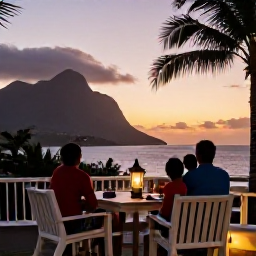 Caribbean Holidays, Montserrat in December, A family watching the sunset over Montserrat&rsquo;s Caribbean coastline from a comfortable outdoor terrace, warm evening light and palm trees