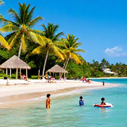 Caribbean Holidays, Montserrat in December, Families enjoying a sheltered beach on Montserrat, children paddling in clear shallow water while adults relax beneath palm trees