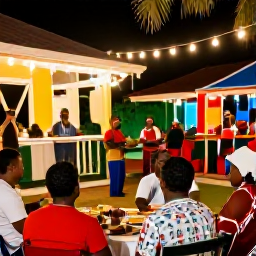 Caribbean Holidays, Montserrat in December, Festive Montserrat village scene in December with local music, Caribbean food, warm lights and friendly people celebrating Christmas